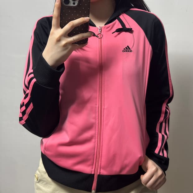 아디다스 핑크 블랙 배색 후드 트랙탑 져지