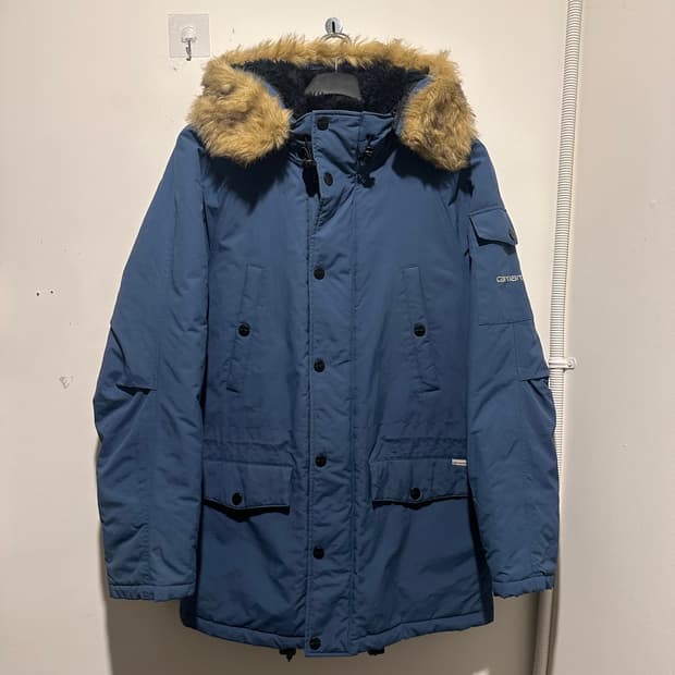 칼하트 블루 퍼 후드 패딩 