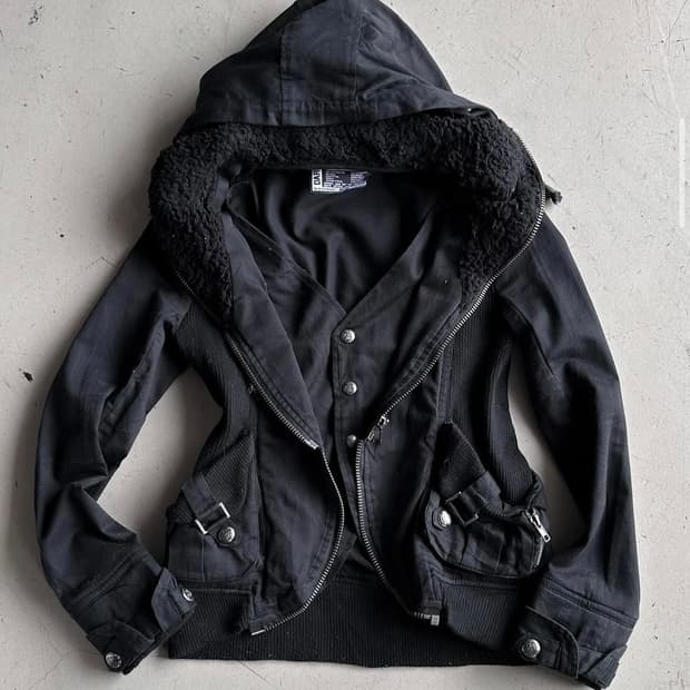black Y2K layered slim hoodie jacket