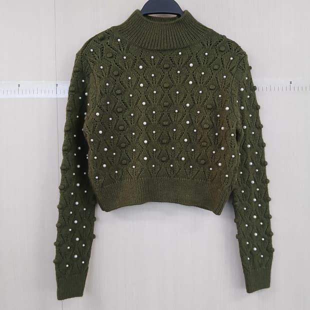 ZARA 진주 장식 니트 풀오버 카키색