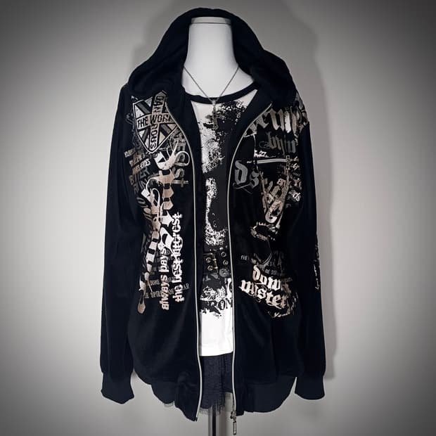 고스펑크 해골 프린팅 벨벳 후드집업 
