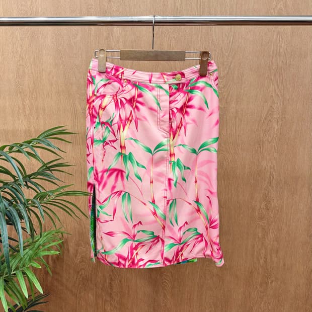 베르사체 미디 스커트 트로피컬 플로럴 프린팅 사이드 슬릿 H라인 핑크