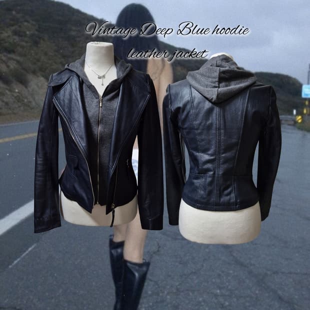 Vintage Deep Blue hoodie leather jacket
