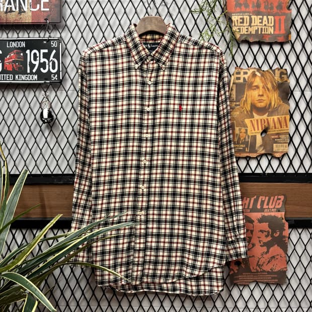 폴로 랄프로렌 긴팔 체크 셔츠 레드 포니 로고 포인트 네이비레드