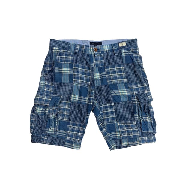 타미 힐피거 블루 패치워크 카고 반바지 마드라스 쇼츠 팬츠 (36)