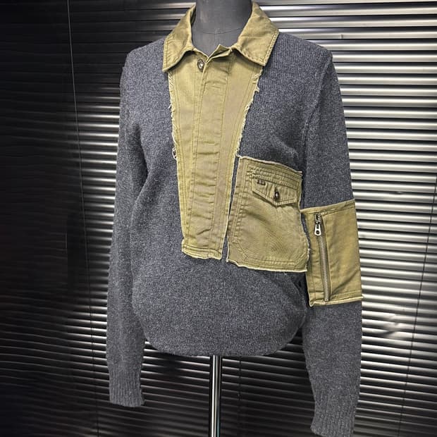 디젤 밀리터리 카키 배색 차콜 카라 폴로 워크 웨어 울 니트 스웨터 패치