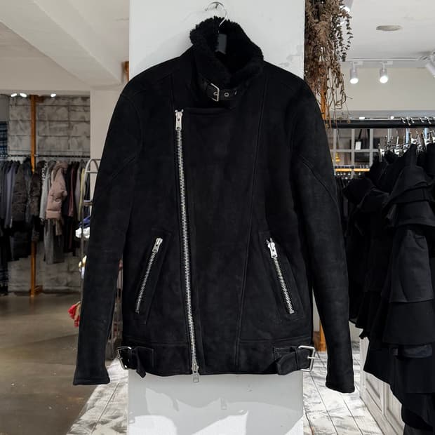 올세인츠 블랙 시어링 벨티드 라이더 무스탕 자켓