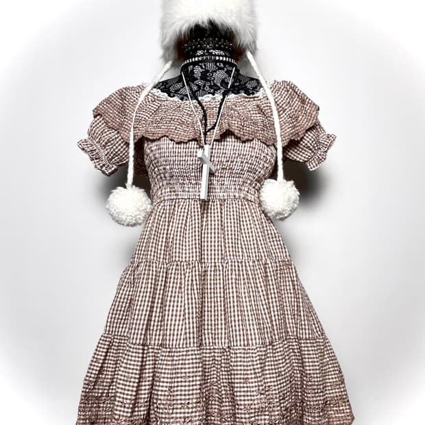 LIZ LISA 리즈리사 브라운 레이스 체크 패턴 원피스