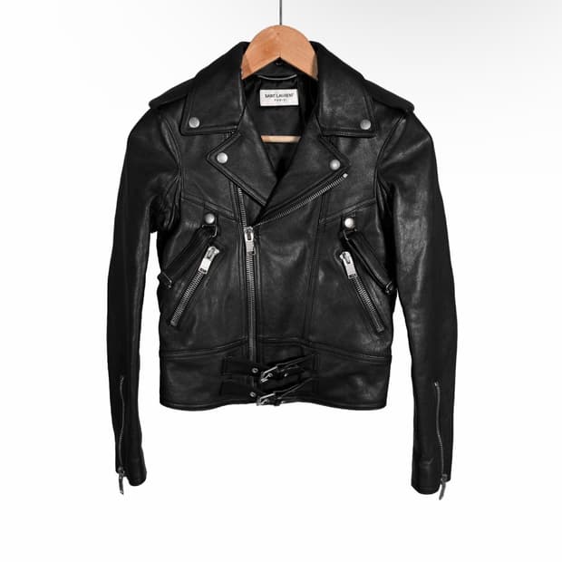 [34] 생로랑 여성 램스킨 레더 클래식 모터사이클 라이더 자켓 블랙