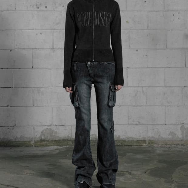 보헤미안서울 로고니트집업 mixed knit logo zipup