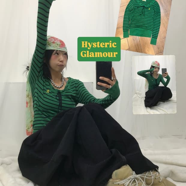 히스테릭글래머 퍽베어 스트라이프 리본 디테일 얇니트