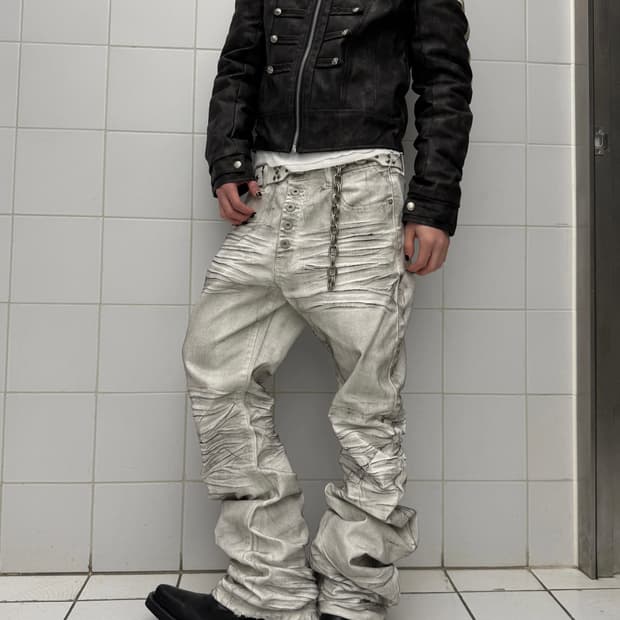 워싱 디스트로이드 스택 데님 팬츠