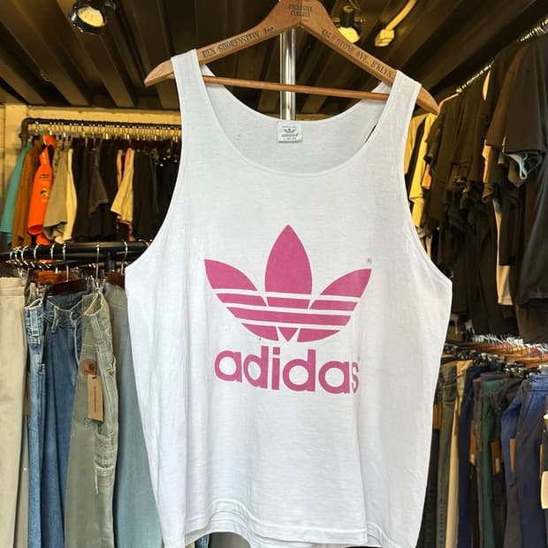 90s 아디다스 불꽃 로고 싱글스티치 프린팅 나시 made in usa