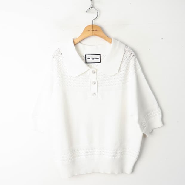 66/칼라거펠트 화이트 반팔 카라 니트