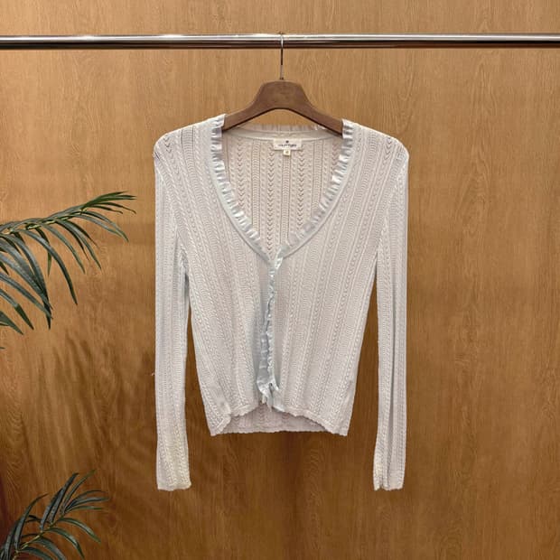 꾸레쥬 브이넥 레이스 오픈워크 니트 조직 긴팔 가디건 슬림핏 연소라