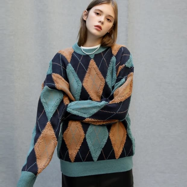 제네럴아이디어 레트로 아가일 오버핏 니트 스웨터 M size