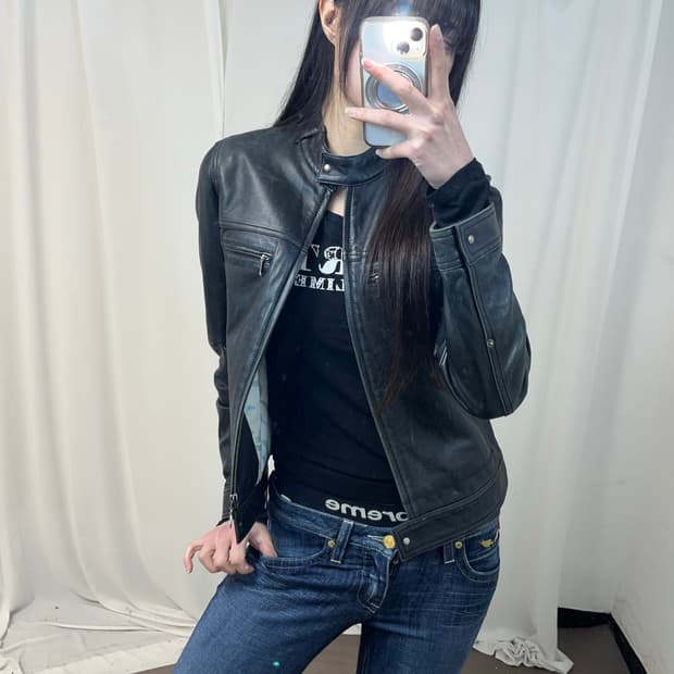 더블 지퍼포켓 블랙 레더 자켓