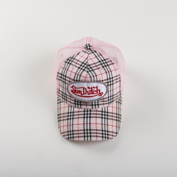 90's 본더치 핑크 체크 트러커 메쉬캡 모자