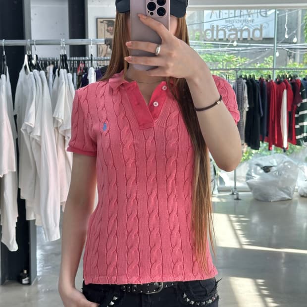 폴로 큐알텍 포니 피그먼트워시드 꽈배기 Pk반팔니트 핑크