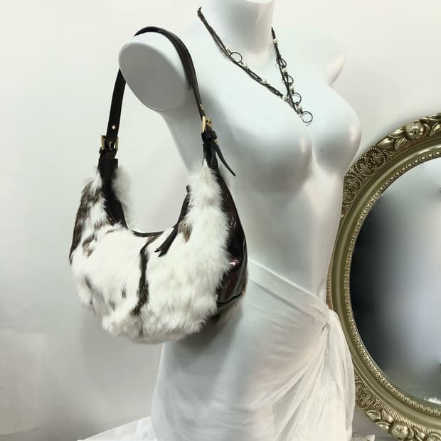 white brown real fur hobo bag