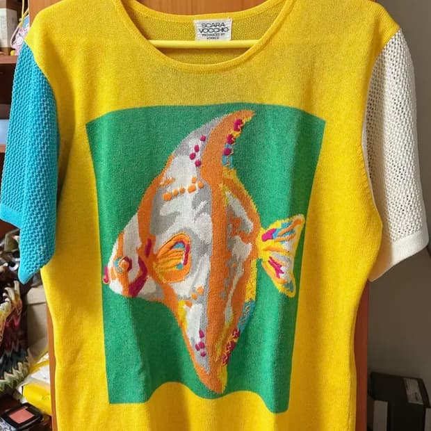 빈티지 몬니 여름 니트 그물 가디건 자수 티셔츠 블라우스 물고기