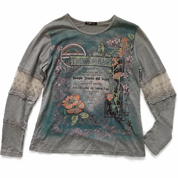     빈티지 플라워 그래픽 레이스 롱슬리브 티