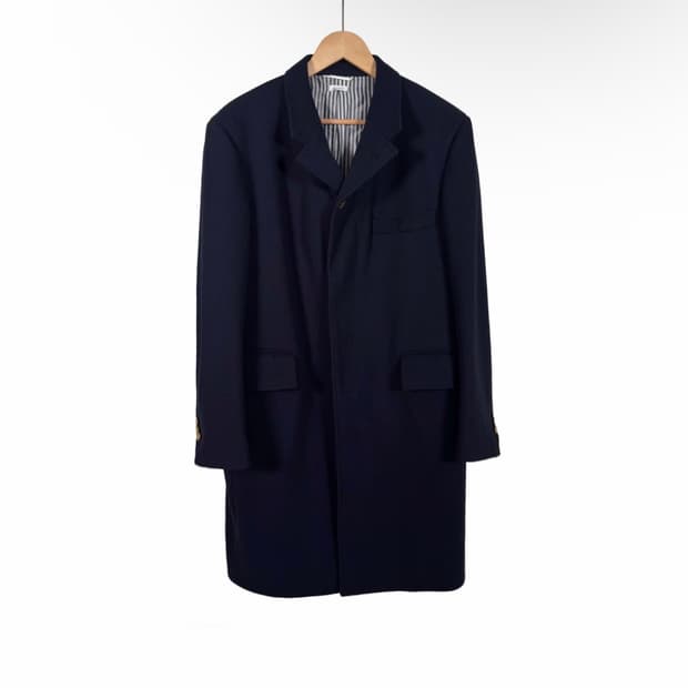 [2사이즈] 톰브라운 체스트필드 멜튼 금장 버튼 사선 울 코트 네이비