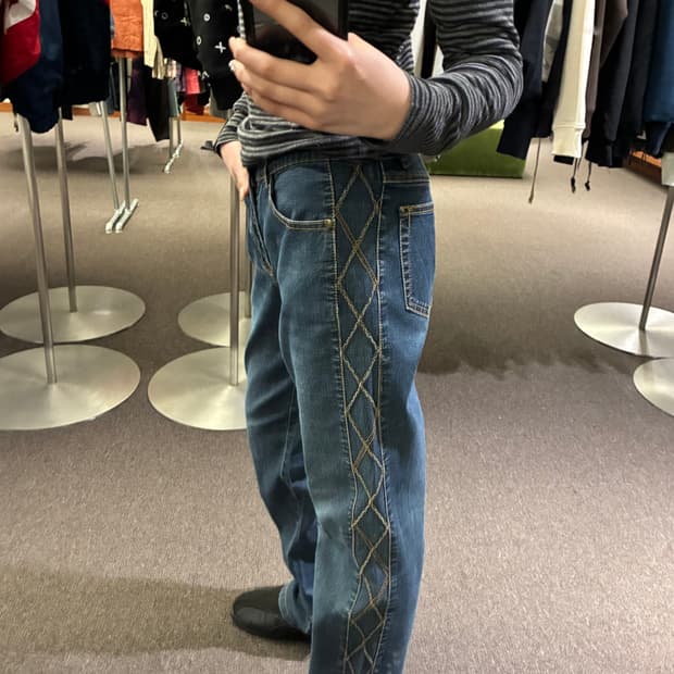 42)Japanese vintage 여성 격자 스티치 데님팬츠