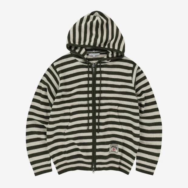 슬로우애시드 스트라이프 니트 후드집업 카키