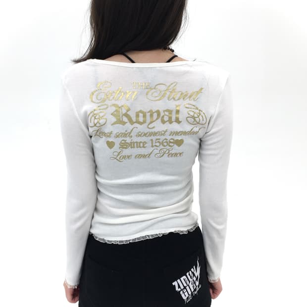 gold lettering white sleeve top