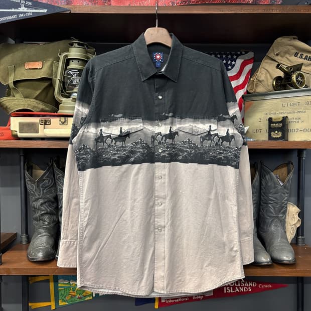 90s 팬핸들 슬림 모노그램 카우보이 그래픽 웨스턴 셔츠 N572