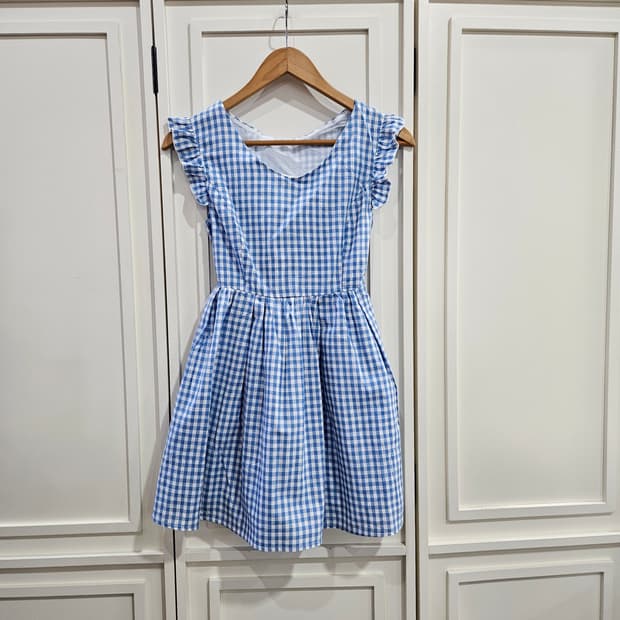 블루 깅엄체크 플레어 원피스