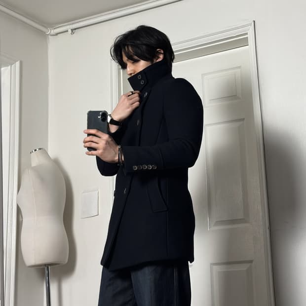 더블브레스트 하이넥코트 네이비