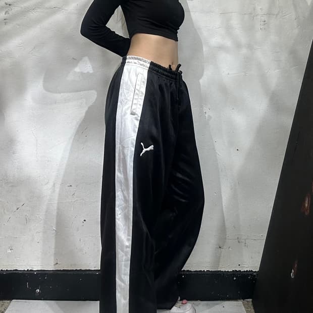 푸마 블랙 화이트 사이드 라인 와이드 팬츠 L