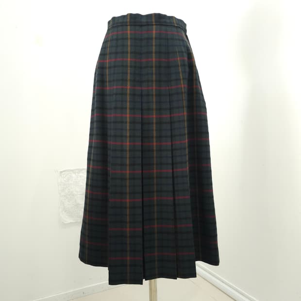 DAKS 울100%  딥그린 체크 플리츠 미디스커트 