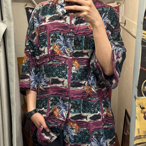 USA VINTAGE 피시 앤 플라워 그래픽 반팔 셔츠