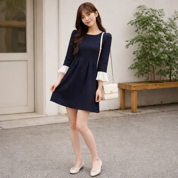 씨씨콜렉트 소매 배색 플레어 원피스