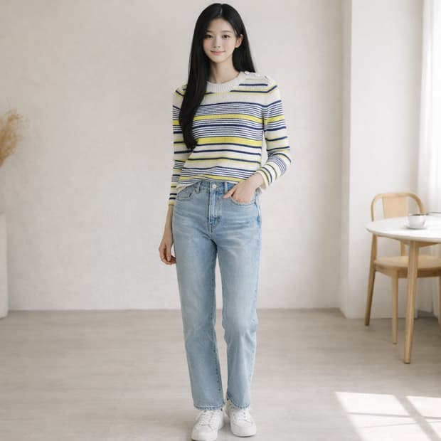 럭키슈에뜨 버튼 디테일 스트라이프 니트 FREE