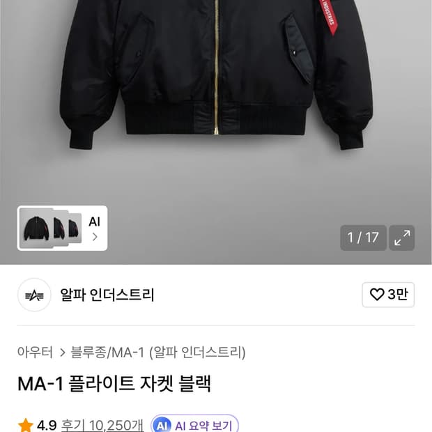 알파인더스트리 MA-1 블랙 플라이트 자켓