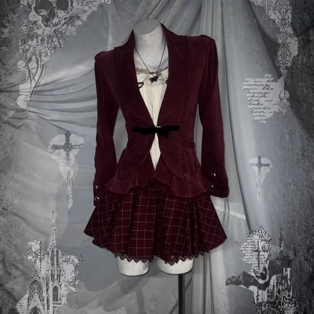 Axes Femme 엑시즈팜 버건디 체크 아일렛 프릴 블레이저 코디세트 