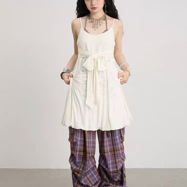 achihara 아치하라 중브 테스트매커니즘 화이트 벌룬 끈 원피스