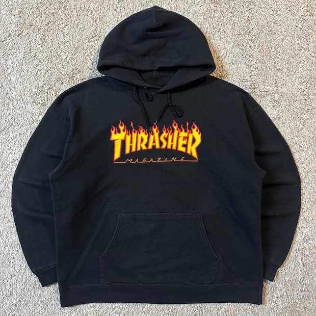 트레셔 THRASHER 플레임 로고 후드티 블랙