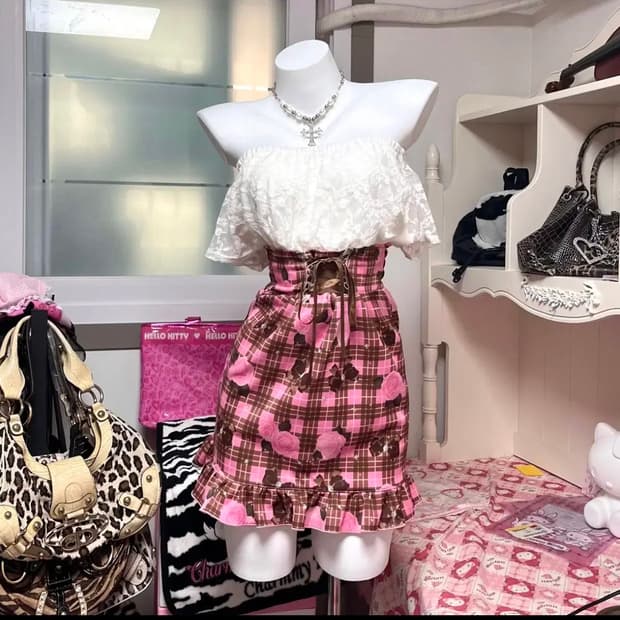 시로키티 MA*RS마즈 핑크 로즈 체크 레이스 셋업 핀터 히메 오네갸루