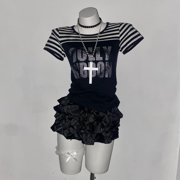 DOLLY RIBBON Stripe Glitter T-shirt