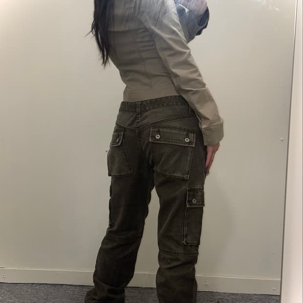 ✰ Japanese Vintage 다크 카키 크로스해치 카고 팬츠