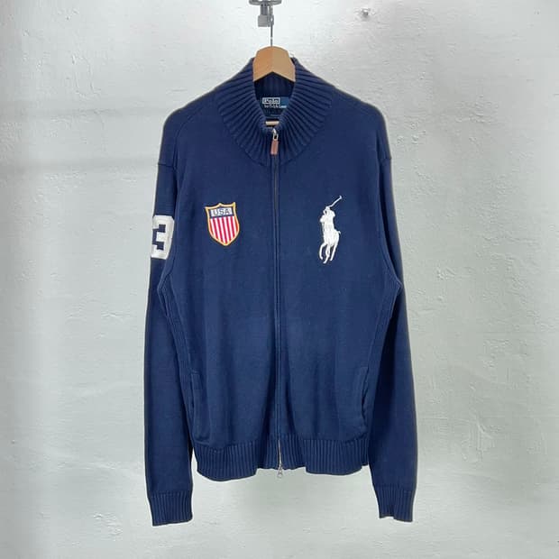 폴로 랄프로렌 네이비 빅 포니 USA 모크 풀집업 니트 자켓