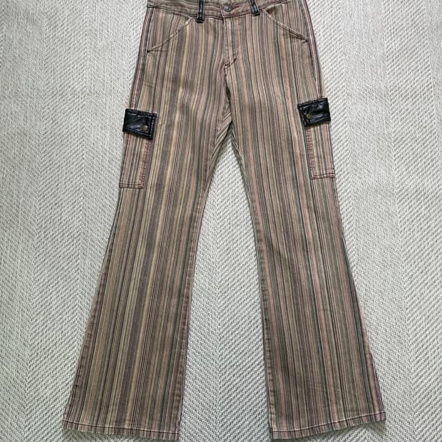 Mixt 빈티지 스트라이프 레더 포켓 데님팬츠 