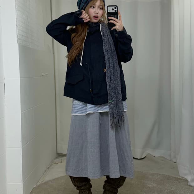 네이비 너드 모리걸 하구미 야상 코디세트