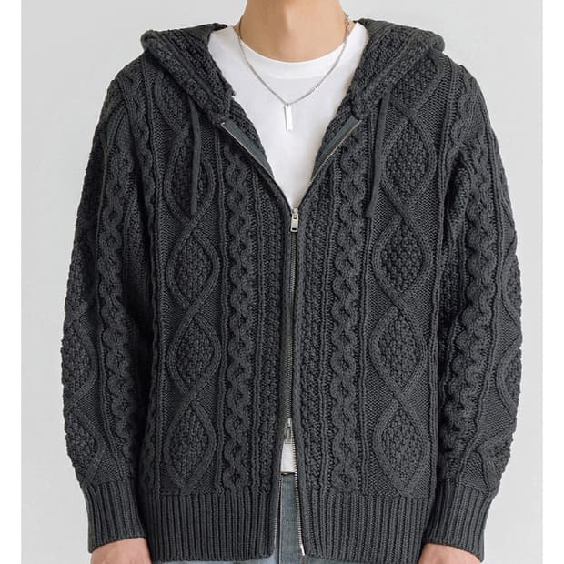 [M] 2WAY_아란 워셔블 오버핏 케이블 후드 집업 니트