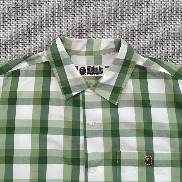 Green&khaki check plaid open collar SH